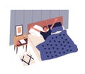 Cute young man waking up in morning. Male character lying in bed, yawning and stretching. Start of working day, everyday