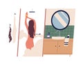 Cute young naked woman taking shower and lathering her body. Female cartoon character washing in bathroom. Daily routine