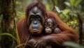 A cute young orangutan sitting in a tropical rainforest generated by AI Royalty Free Stock Photo