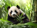 Cute young panda eating bamboo leaves, generative ai