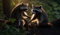 Cute young panda playing with red fox in the forest generated by AI