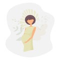 Cute young pregnant woman without face in minimal style decorated fantasy abstract leaves. Gentle touching girl waiting for a Royalty Free Stock Photo