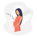 Cute young pregnant woman without face in minimal style decorated fantasy abstract leaves. Gentle touching girl waiting for a Royalty Free Stock Photo