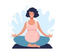 Cute young pregnant woman practices yoga in nature. Activity during pregnancy. Mom meditates in lotus position, the Royalty Free Stock Photo