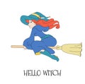 Cute young redheaded witch flying on a broom on a white background. Royalty Free Stock Photo