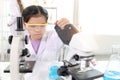 Cute young scientist schoolgirl in lab coat looks through microscope for study microbiology in laboratory. Student girl child use Royalty Free Stock Photo