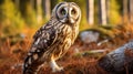 Cute young short-eared owl (Asio flammeus) sits on a tree Royalty Free Stock Photo