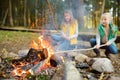 Cute young sisters roasting hotdogs on sticks at bonfire. Children having fun at camp fire. Camping with kids in fall forest