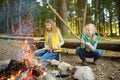 Cute young sisters roasting hotdogs on sticks at bonfire. Children having fun at camp fire. Camping with kids in fall forest Royalty Free Stock Photo