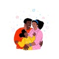 Happy African American family in colorful winter sweaters, man, woman, and girl, laughing and hugging tenderly