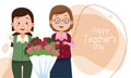 Cute young teachers women couple with roses bouquet