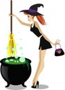 Cute young witch with cauldron and broomstick isolated on white background. Royalty Free Stock Photo