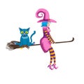 Cute young witch flying on a broom with a blue cat. Decorative element character Halloween holiday. Vector image Royalty Free Stock Photo