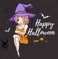 Cute young witch in violet hat Royalty Free Stock Photo