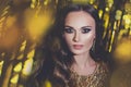 Cute young woman celebrity with makeup on golden bokeh background Royalty Free Stock Photo