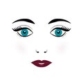 Cute young woman face vector illustration. Doll face with blue eyes, eyelashes, eyebrows and burgundy red lips on white background