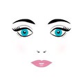 Cute young woman face vector illustration. Doll face with blue eyes, eyelashes, eyebrows and pink lips on white background