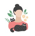 Cute young woman with lovely domestic black cats .