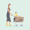 Cute young woman in protective medical mask shopping with little son sitting on supermarket cart.Beautiful mom with kid make Royalty Free Stock Photo