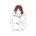 Cute young woman reading book or preparing for examination. Hand drawn portrait of smart girl, student or pupil with