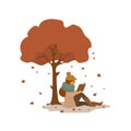 Young woman reading a book, sitting under the autumn tree in the park isolated vector illustration scene