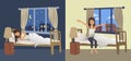 Young woman sleep at night in the bedroom and wake up in the morning. Vector illustration.