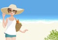 Cute young woman in straw wide brimmed hat smiling at beach Royalty Free Stock Photo