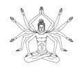 Cute young yogi girl with twelve hands in lotus position does belly vacuum and muscle wave