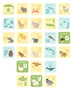 Cute A-Z alphabet cards with cartoon animals. Vector zoo illustrations. Alligator buffalo crab dolphin fish, giraffe, hippo, koala