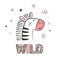 Cute zebra face with lettering wild. Baby print