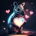 Cute Zebra hugging heart Zebra with heart shaped neon light. Valentine's day concept. AI Generated Royalty Free Stock Photo