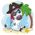 Cute zebra pirate in a cocked hat with an eye patch. Pirates and treasures, islands and palm trees