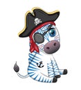 Cute zebra pirate in a cocked hat with an eye patch. Pirates and treasures, islands and palm trees