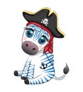 Cute zebra pirate in a cocked hat with an eye patch. Pirates and treasures, islands and palm trees
