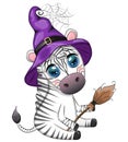 Cute zebra in witch hat, with broom, pumpkin jack, magic potion. Poster, card, label and decoration for Halloween