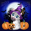 Cute zebra in witch hat, with broom, pumpkin jack, magic potion. Poster, card, label and decoration for Halloween