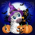 Cute zebra in witch hat, with broom, pumpkin jack, magic potion. Poster, card, label and decoration for Halloween