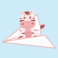 Cute zebras sitting in an airplane, helicopter, the character is flying in a small plane, vector illustration Royalty Free Stock Photo