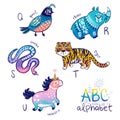 Cute zoo alphabet drawing in a chalk style. Hand drawn illustration