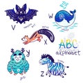 Cute zoo alphabet drawing in a chalk style. Hand drawn illustration