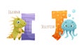 Cute zoo alphabet. I,J letters and iguana, jellyfish animals cartoon vector illustration Royalty Free Stock Photo