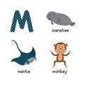 Cute zoo alphabet in .M letter. Funny cartoon animals: manatee, manta, monkey