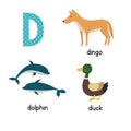 Cute zoo alphabet in vector.D letter. Funny cartoon animals: Dolphin, duck, dingo .