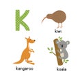 Cute zoo alphabet in vector. K letter. Funny cartoon animals: kangaroo, koala, kiwi bird Royalty Free Stock Photo