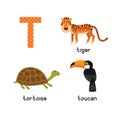 Cute zoo alphabet in vector.T letter. Funny cartoon animals: Tiger, Toucan,Tortoise Royalty Free Stock Photo