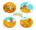 Farming landscape concept. Vector illustration with barn, houses and country yard. American farm in the summer. Poster of organic