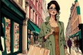 Cutelifestyle illustration with ink outline of a beautiful caucasian woman walking in the shopping street of a big city