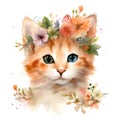 Kitten and Flower Floral Whiskers: Watercolor A Delicate Fusion of Cuteness and Nature\'s Splendor