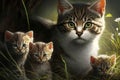 Cuteness Overload Adorable Asian Cat And Three Kittens Spotted Playfully Rolling In The Grass. Generative AI