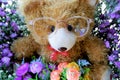 The cuteness of a teddy bear among the colors of flowers.